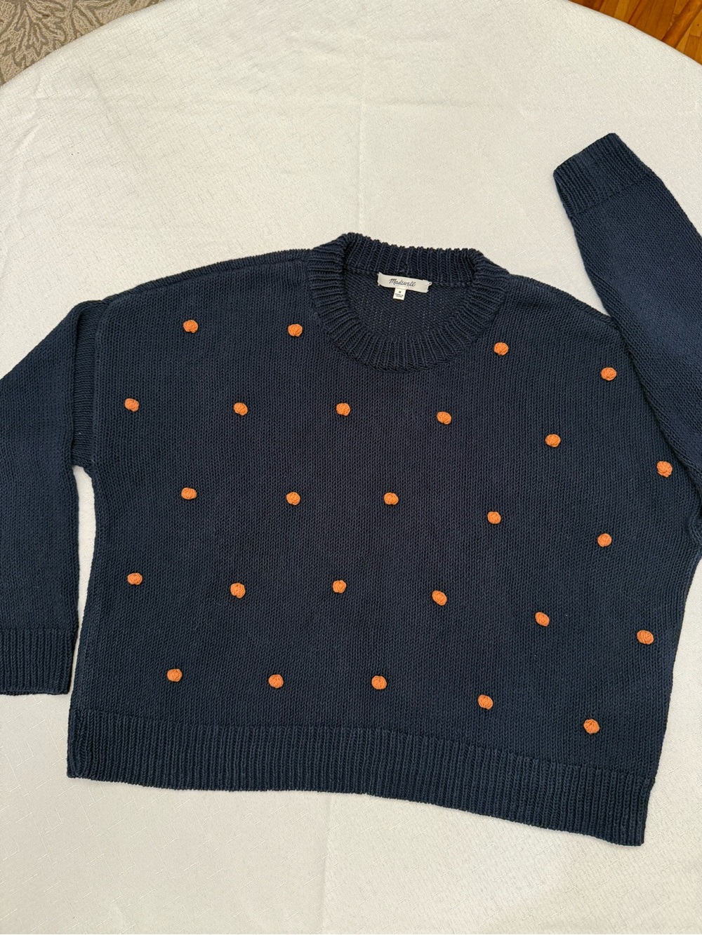 Madewell Navy Wellesley Bobble Pullover  Sweater with Orange Dots